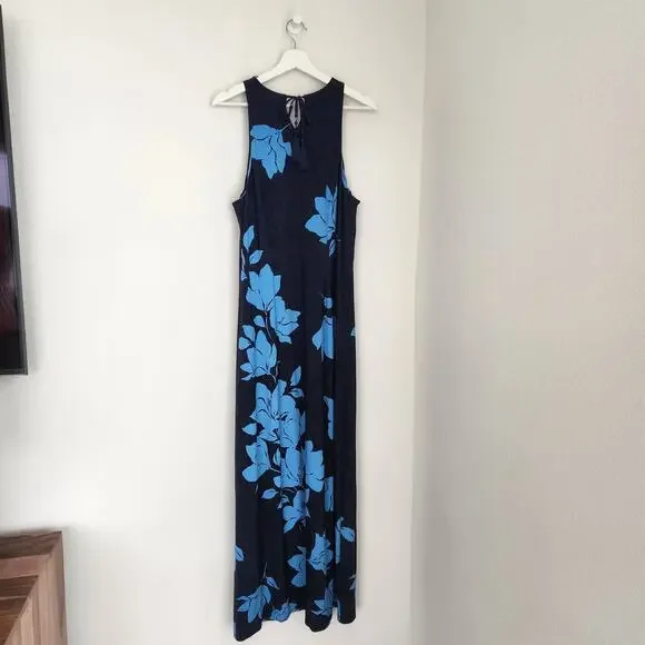 Tommy Bahama Navy Blue Tropical Floral Sleeveless Maxi Dress Keyhole L - Picture 9 of 9
